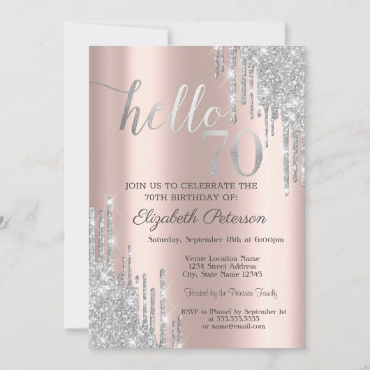 Silver Glitter Drips Roos Gold 70e verjaardag Kaart (Voorkant)