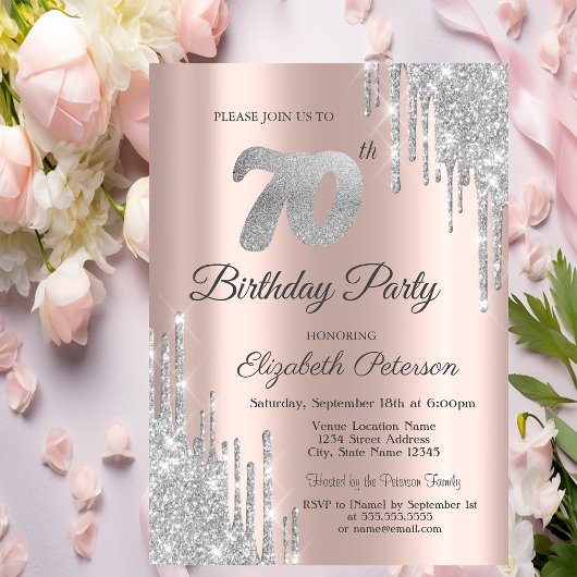 Silver Glitter Drips Roos Gold 70e verjaardag Kaart