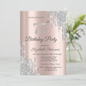 Silver Glitter Drips Roos Gold 75e verjaardag Invi Kaart (Staand voorkant)