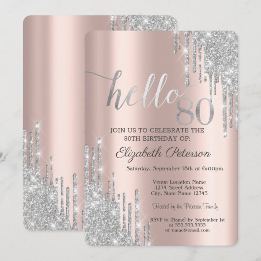 Silver Glitter Drips Roos Gold 80e verjaardag Kaart (Voorkant / Achterkant)