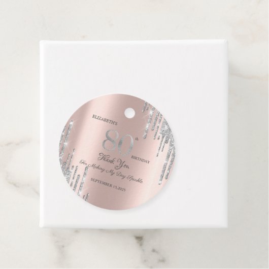 Silver Glitter Drips Roos Gold 80th Bedankjes Labels (In situ)