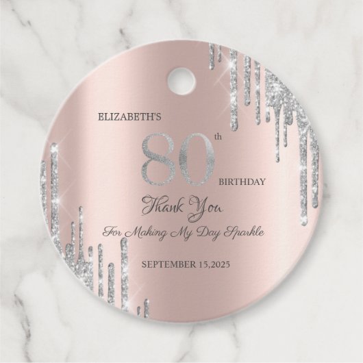 Silver Glitter Drips Roos Gold 80th Bedankjes Labels (Voorkant)