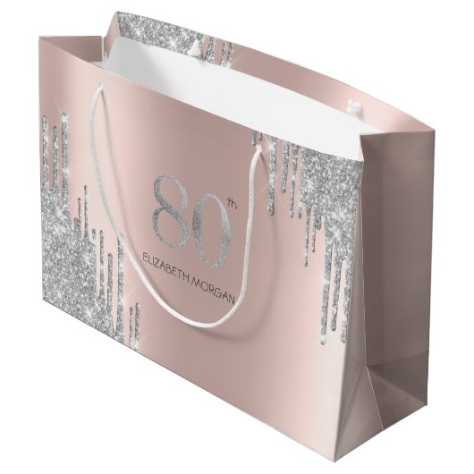 Silver Glitter Drips Roos Gold 80th Groot Cadeauzakje (Achterkant Gekanteld)