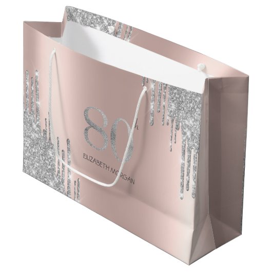 Silver Glitter Drips Roos Gold 80th Groot Cadeauzakje (Voorkant Gekanteld)