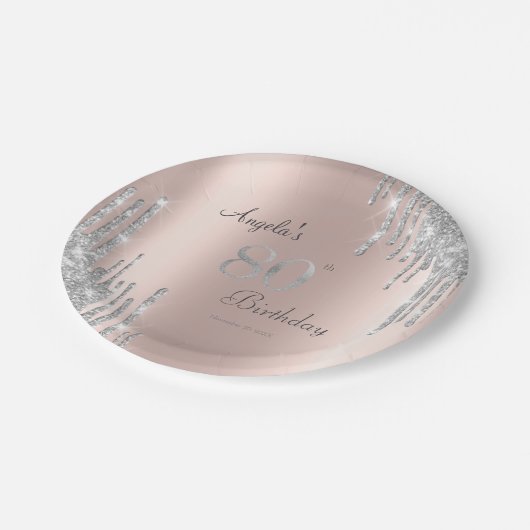 Silver Glitter Drips Roos Gold 80th Papieren Bordje (Gekanteld)