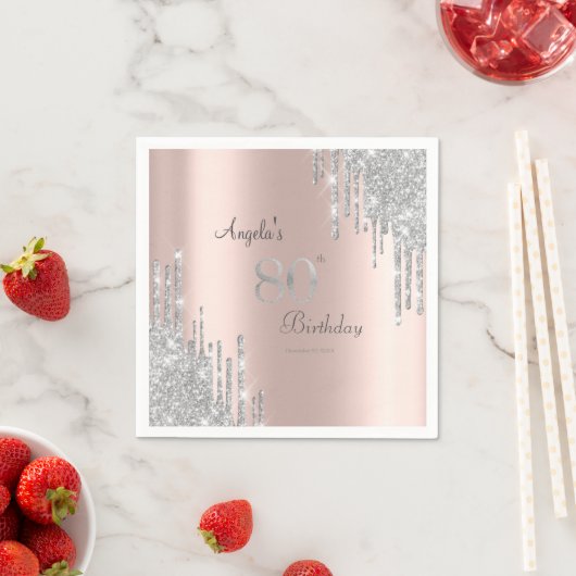 Silver Glitter Drips Roos Gold 80th Servet (Insitu)