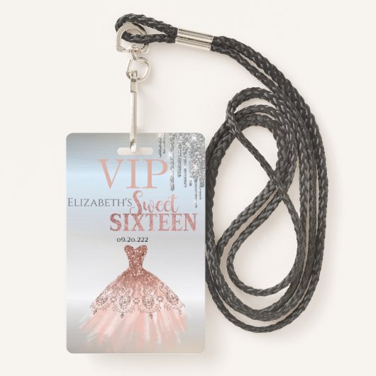 Silver Glitter Drips, Roos Gold Dress Sweet 16 Badge (Voorkant met draagriem)