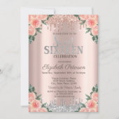 Silver Glitter Drips Roos Gold Floral Sweet 16 Kaart (Voorkant)