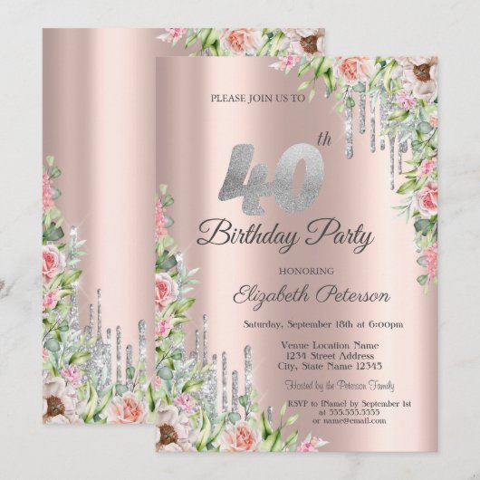 Silver Glitter Drips Roos Gouden Rozen 40ste Kaart (Voorkant / Achterkant)