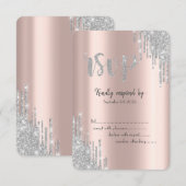 Silver Glitter Drips Roos Gouden Verjaardag RSVP Kaart (Voorkant / Achterkant)