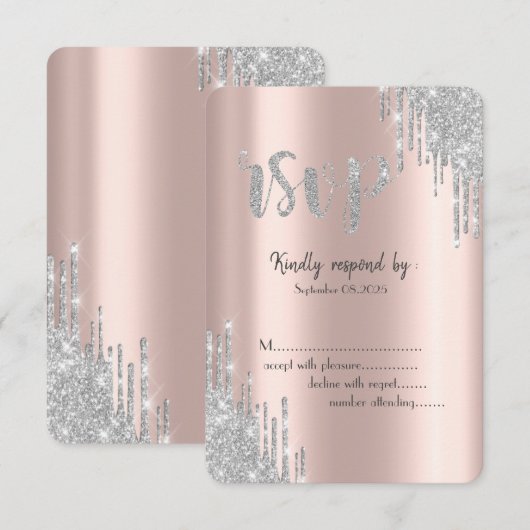 Silver Glitter Drips Roos Gouden Verjaardag RSVP Kaart (Voorkant / Achterkant)