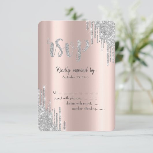 Silver Glitter Drips Roos Gouden Verjaardag RSVP Kaart (Staand voorkant)