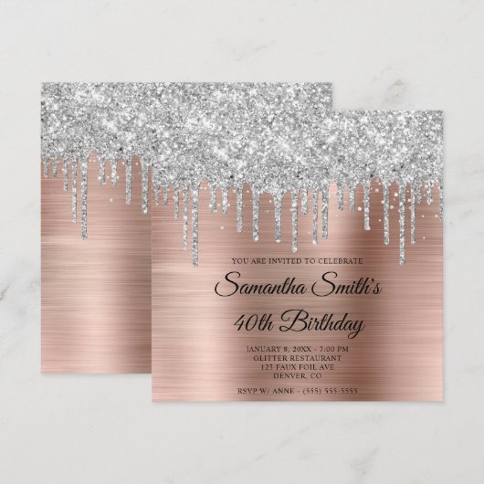 Silver Glitter Drips Roos Goudfolie 40e Verjaardag Kaart (Voorkant / Achterkant)
