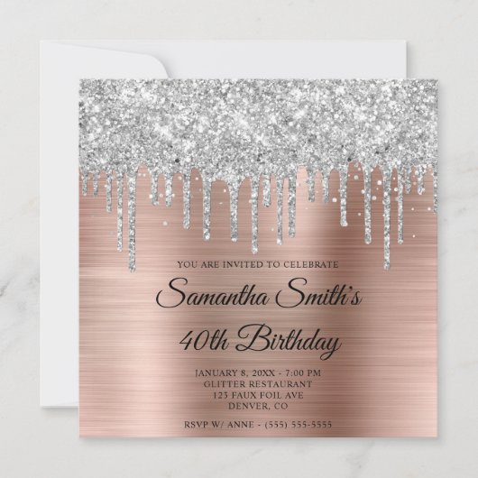 Silver Glitter Drips Roos Goudfolie 40e Verjaardag Kaart (Voorkant)