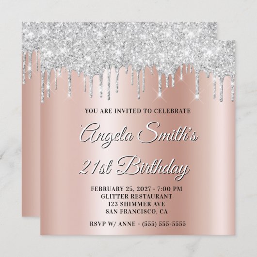 Silver Glitter Drips Rose Gold Ombre Drop Shadow Kaart (Voorkant / Achterkant)