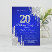 Silver Glitter Drips Royal Blue 20th Birthday  Kaart (Staand voorkant)