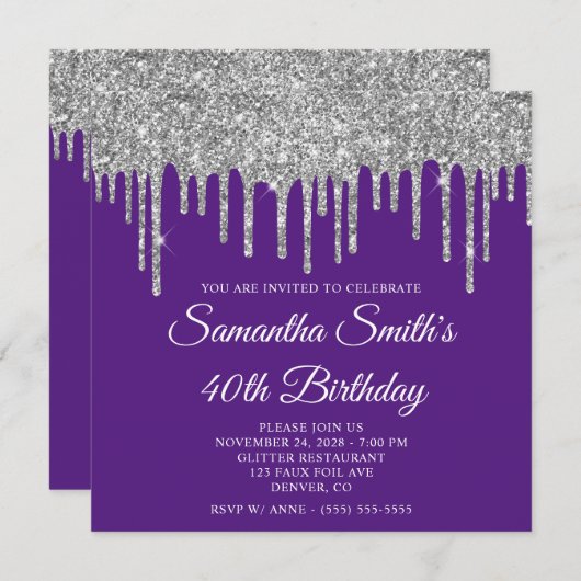 Silver Glitter Drips Royal Paarse 40ste verjaardag Kaart (Voorkant / Achterkant)