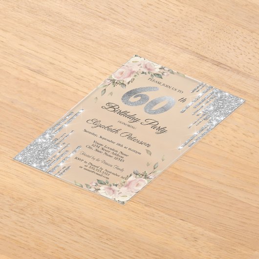 Silver Glitter Drips, Rozen 60e verjaardag Acryl Uitnodigingen (Laagn)