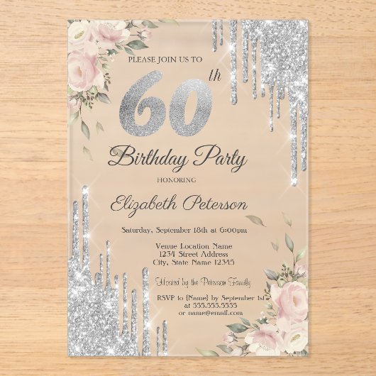 Silver Glitter Drips, Rozen 60e verjaardag Acryl Uitnodigingen (Voorkant)