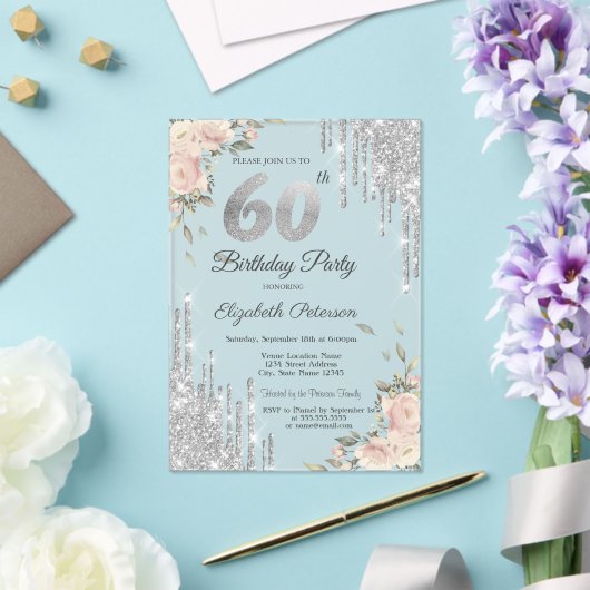 Silver Glitter Drips, Rozen 60e verjaardag Acryl Uitnodigingen (Insitu (Huwelijk))