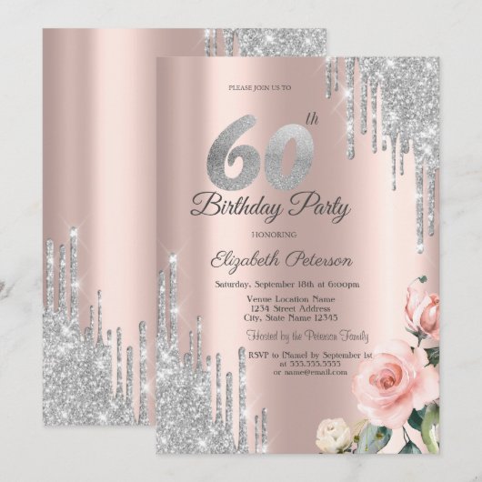 Silver Glitter Drips Rozen Roos Gold 60th Kaart (Voorkant / Achterkant)
