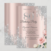 Silver Glitter Drips Rozen Roos Gold 80th Kaart (Voorkant / Achterkant)