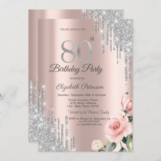 Silver Glitter Drips Rozen Roos Gold 80th Kaart (Voorkant / Achterkant)