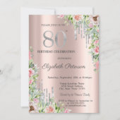 Silver Glitter Drips, Rozen Roos Gold 80th Kaart (Voorkant)