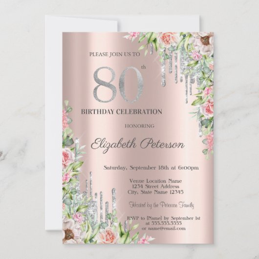 Silver Glitter Drips, Rozen Roos Gold 80th Kaart (Voorkant)