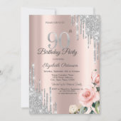 Silver Glitter Drips Rozen Roos Gold 90th Kaart (Voorkant)