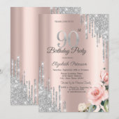 Silver Glitter Drips Rozen Roos Gold 90th Kaart (Voorkant / Achterkant)