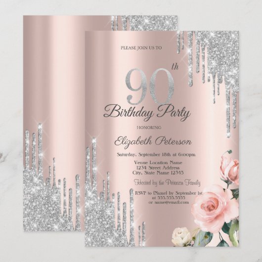 Silver Glitter Drips Rozen Roos Gold 90th Kaart (Voorkant / Achterkant)