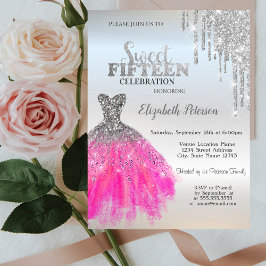 Silver Glitter Drips, Schattige jurk Quinceanera Kaart