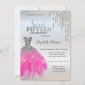 Silver Glitter Drips, Schattige jurk Quinceanera Kaart (Voorkant)