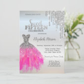 Silver Glitter Drips, Schattige jurk Quinceanera Kaart (Staand voorkant)