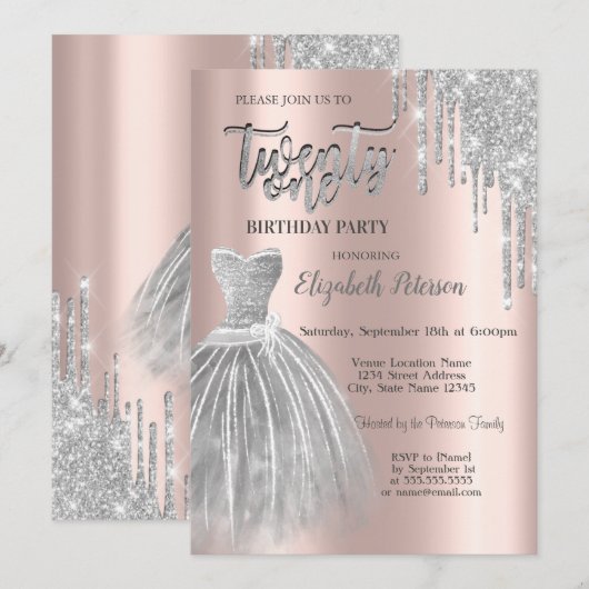 Silver Glitter Drips, Silver Dress 21st Birthday Kaart (Voorkant / Achterkant)