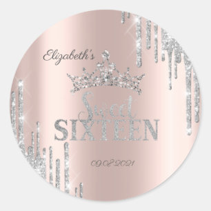 Silver Glitter Drips Tiara Roos Gold Sweet 16 Ronde Sticker
