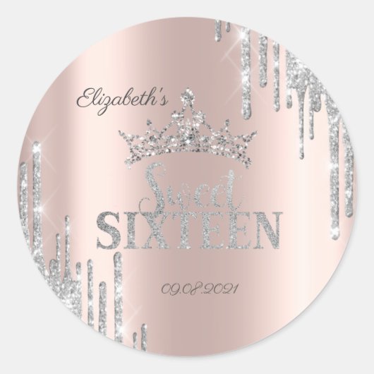 Silver Glitter Drips Tiara Roos Gold Sweet 16 Ronde Sticker (Voorkant)