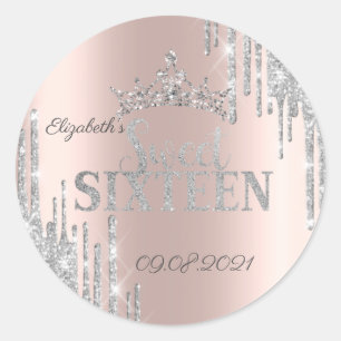 Silver Glitter Drips Tiara Roos Gold Sweet 16 Ronde Sticker