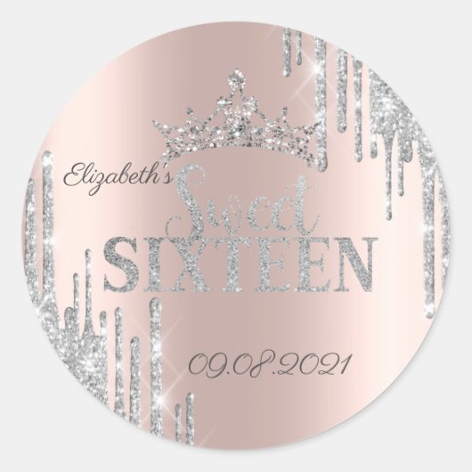Silver Glitter Drips Tiara Roos Gold Sweet 16 Ronde Sticker (Voorkant)