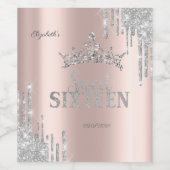 Silver Glitter Drips Tiara Roos Gold Sweet 16 Wijn Etiket (Enkel label)