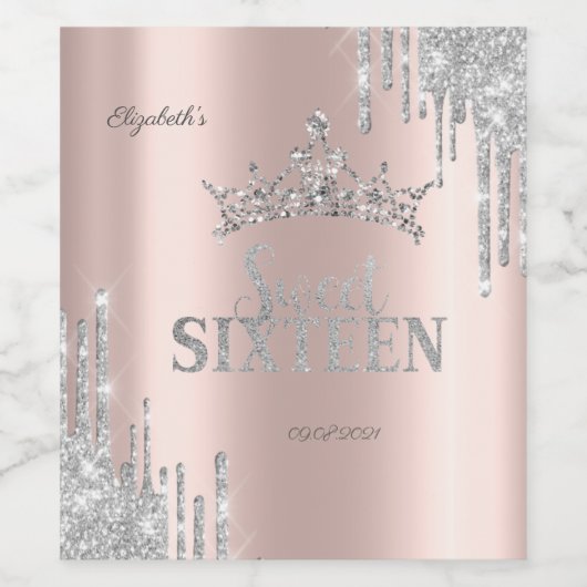 Silver Glitter Drips Tiara Roos Gold Sweet 16 Wijn Etiket (Enkel label)