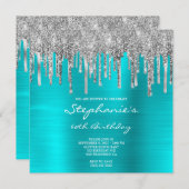 Silver Glitter Drips Turquoise Blue 60th Birthday Kaart (Voorkant / Achterkant)