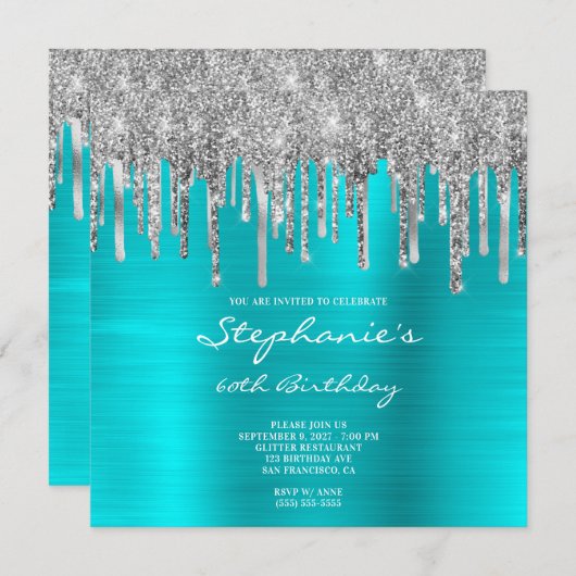 Silver Glitter Drips Turquoise Blue 60th Birthday Kaart (Voorkant / Achterkant)