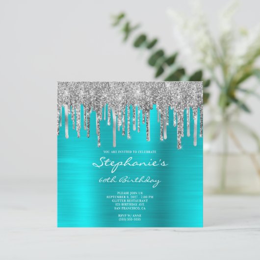 Silver Glitter Drips Turquoise Blue 60th Birthday Kaart (Staand voorkant)