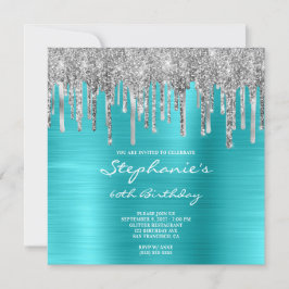 Silver Glitter Drips Turquoise Blue 60th Birthday Kaart