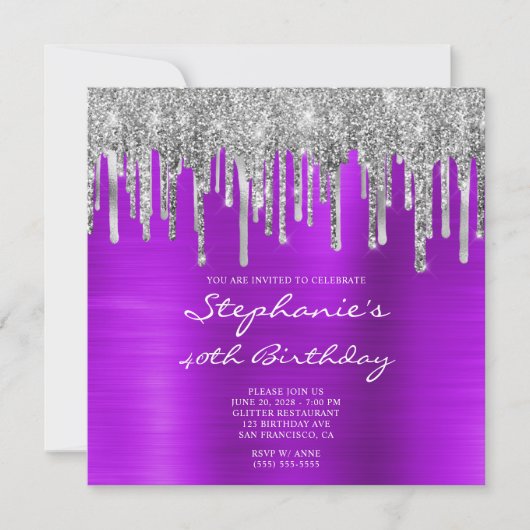 Silver Glitter Drips Violet Folie 40e Verjaardag Kaart (Voorkant)