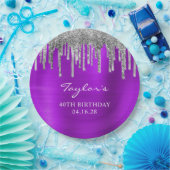 Silver Glitter Drips Violet Folie 40e Verjaardag Papieren Bordje (Feest)