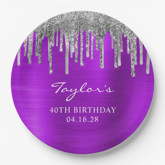 Silver Glitter Drips Violet Folie 40e Verjaardag Papieren Bordje (Voorkant)