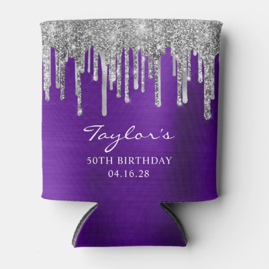 Silver Glitter Drips Violet Paarse 50e Verjaardag Blikjeskoeler (Voorkant)